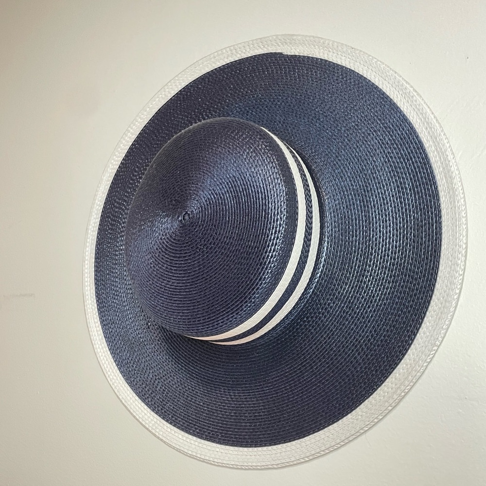 Vintage VTG 90s Y2K Fedoria Navy Blue White Striped Boater Sun Hat